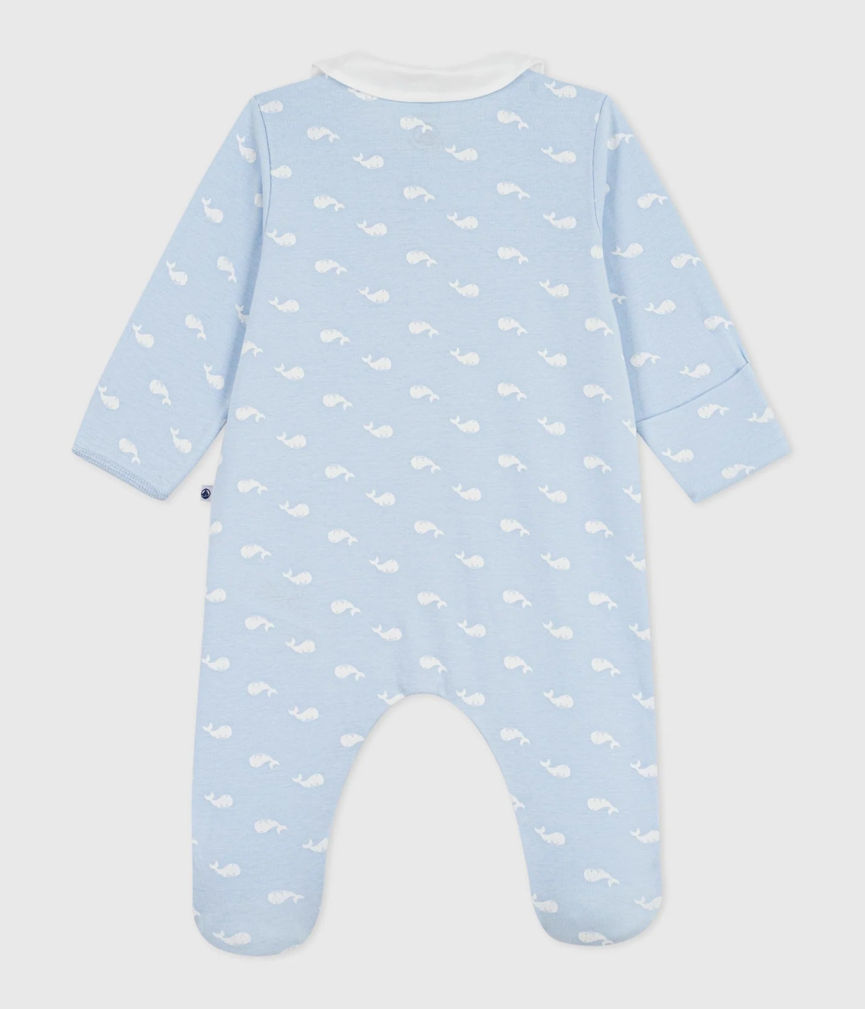 Baby boy front snap whale print footie with collar