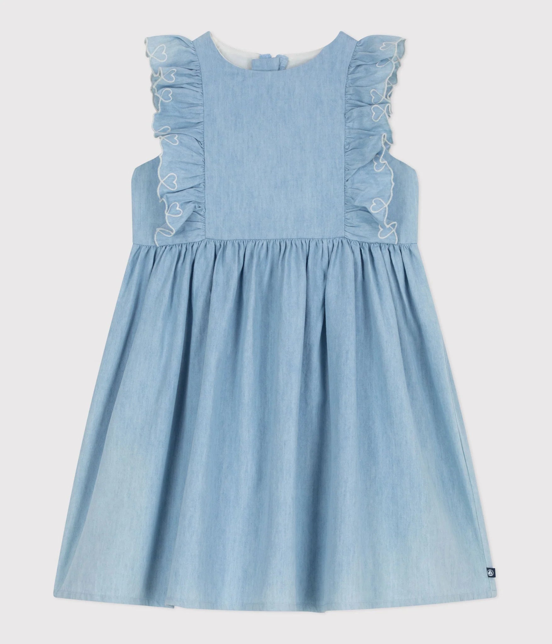 Girl sleeveless chambray dress with embro ruffles