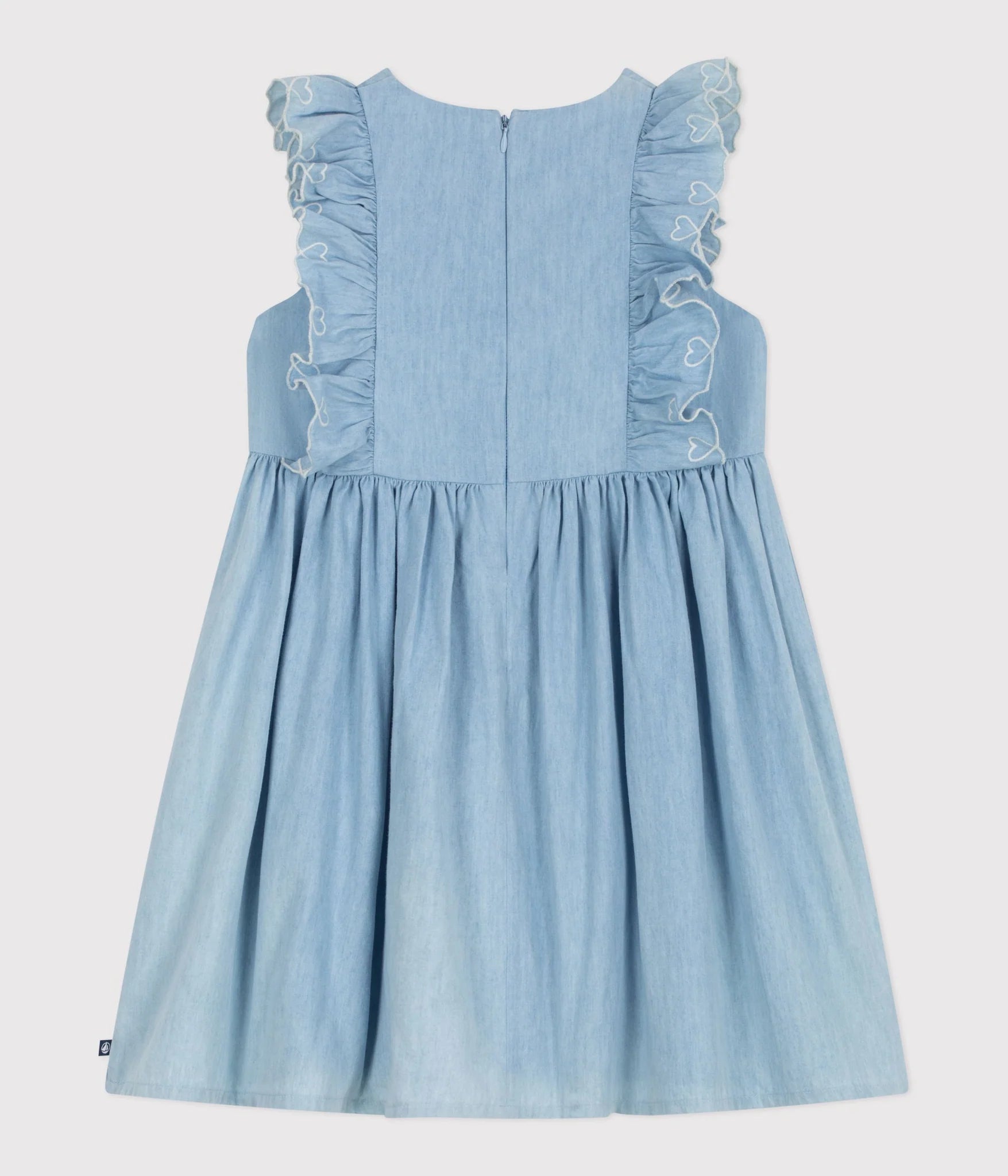 Girl sleeveless chambray dress with embro ruffles