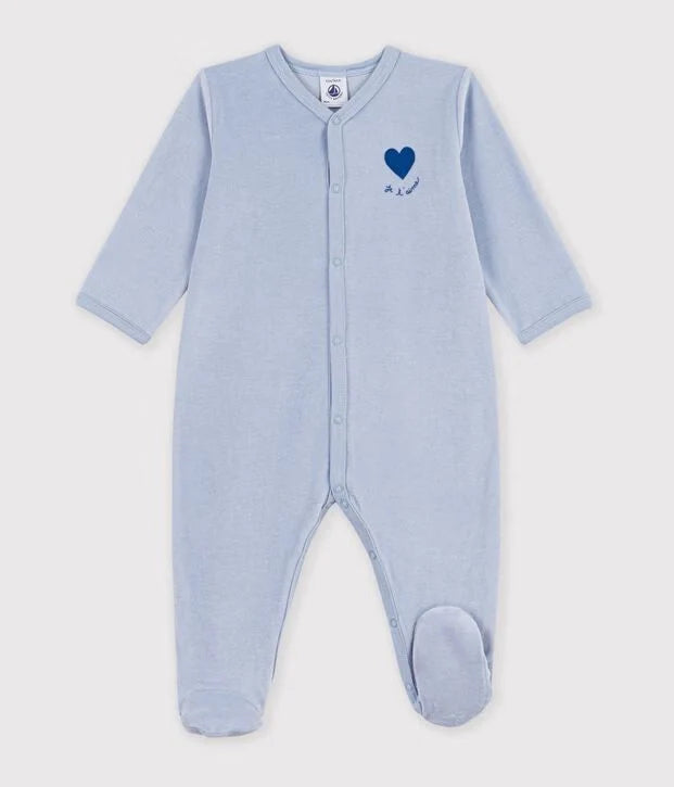 Blue Front Snap Velour Footie with Heart Detail