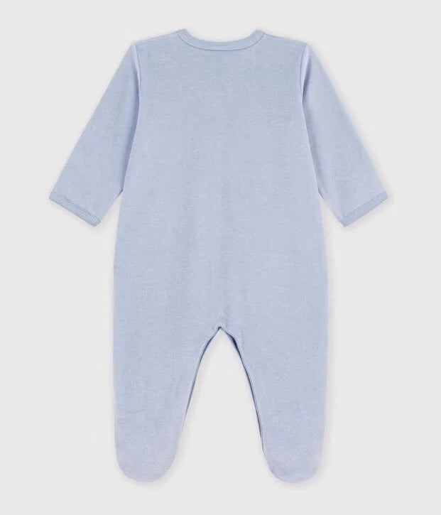Blue Front Snap Velour Footie with Heart Detail