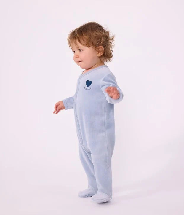 Blue Front Snap Velour Footie with Heart Detail