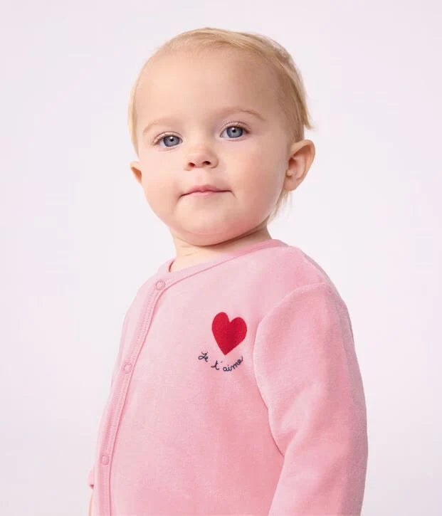 Front Snap Velour Footie With Heart Detail