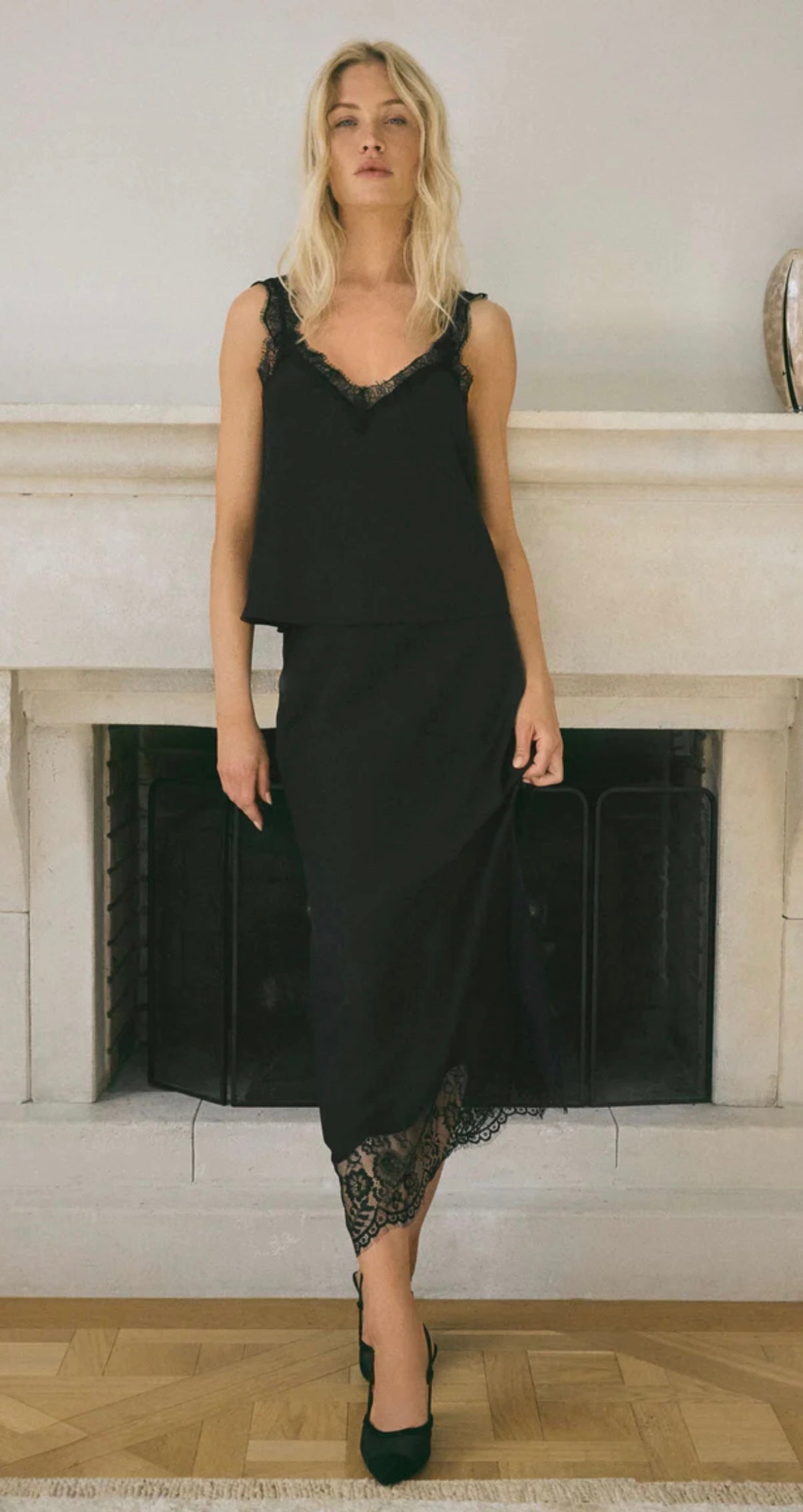 CINDER LACE SATIN MIDI SKIRT