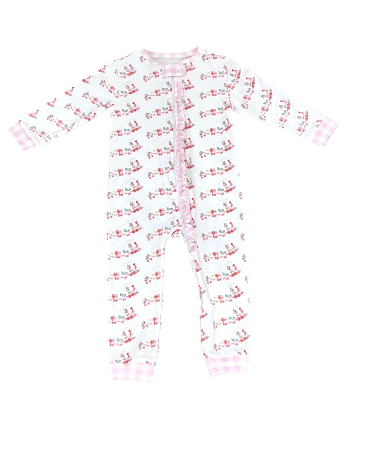 Pink One Piece Zip Up Jammies, Christmas Train