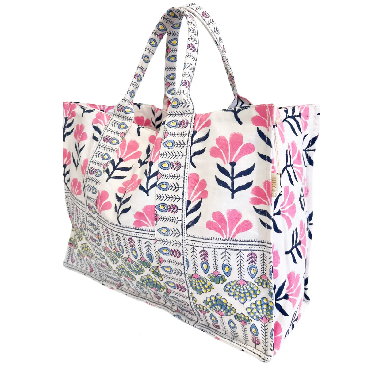 Canvas Tote Pink, Navy Block Print
