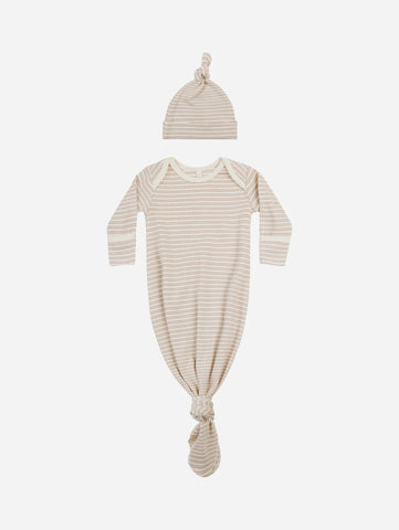 Knotted Baby Gown + Hat Set || Oat Stripe +Swaddle