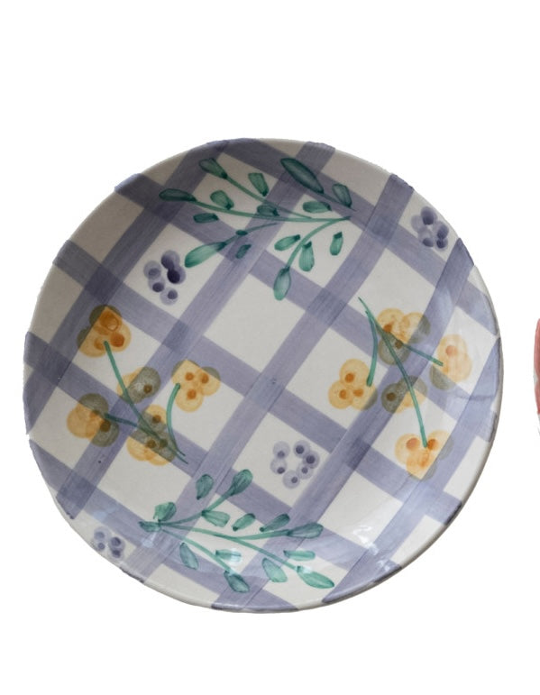 Hand-Painted Stoneware Plate with Grid Pattern & Botanicals
