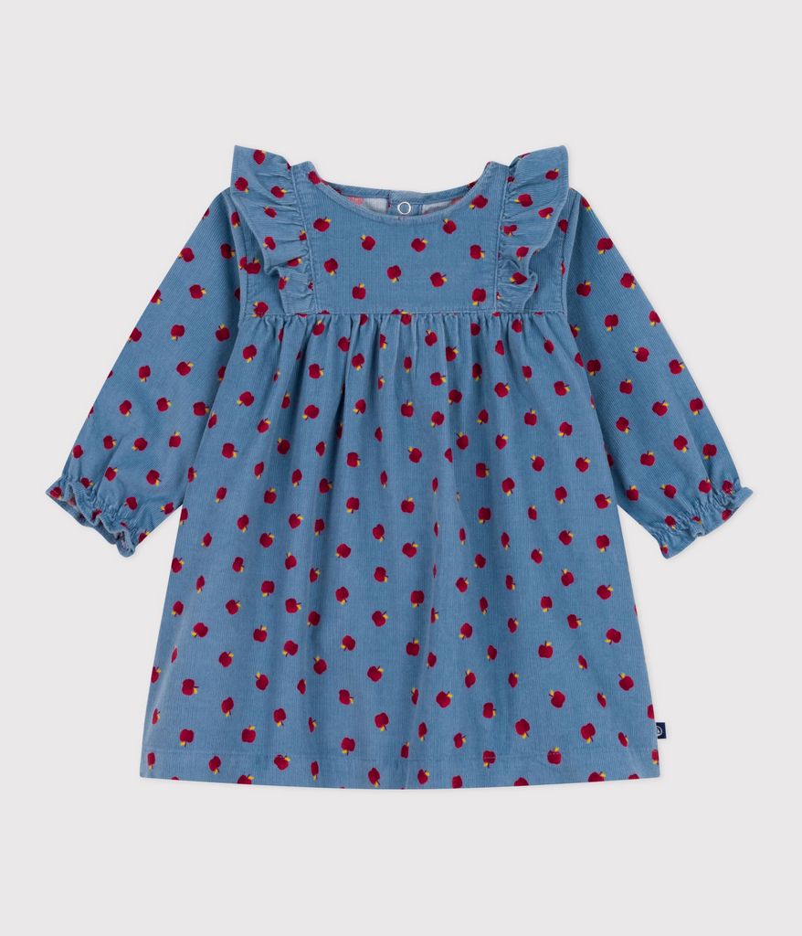 LONG-SLEEVED APPLE PRINTED CORDUROY DRESS