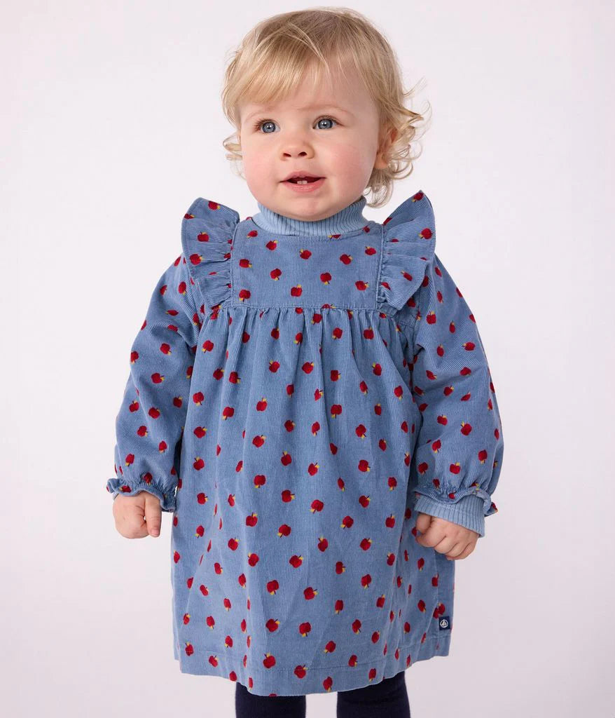 LONG-SLEEVED APPLE PRINTED CORDUROY DRESS