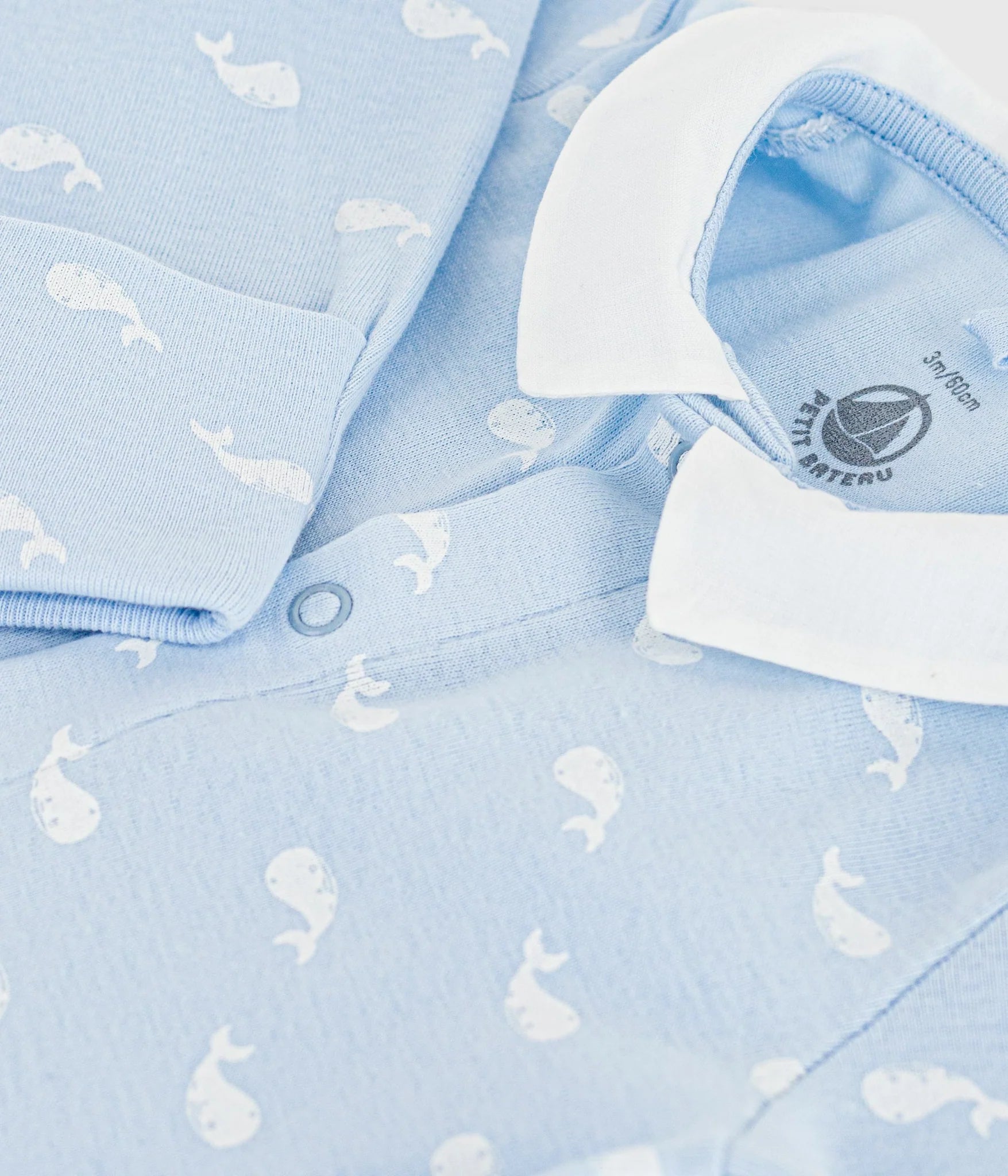 Baby boy front snap whale print footie with collar