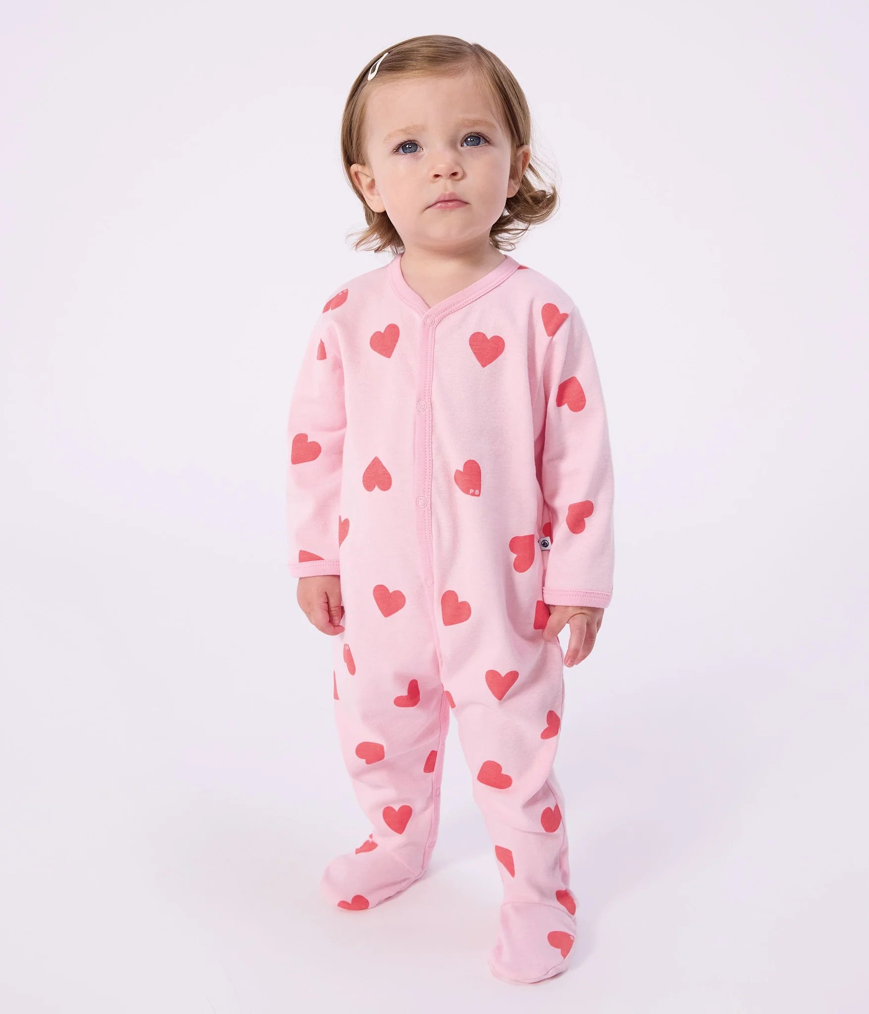 front snap heart print footie
