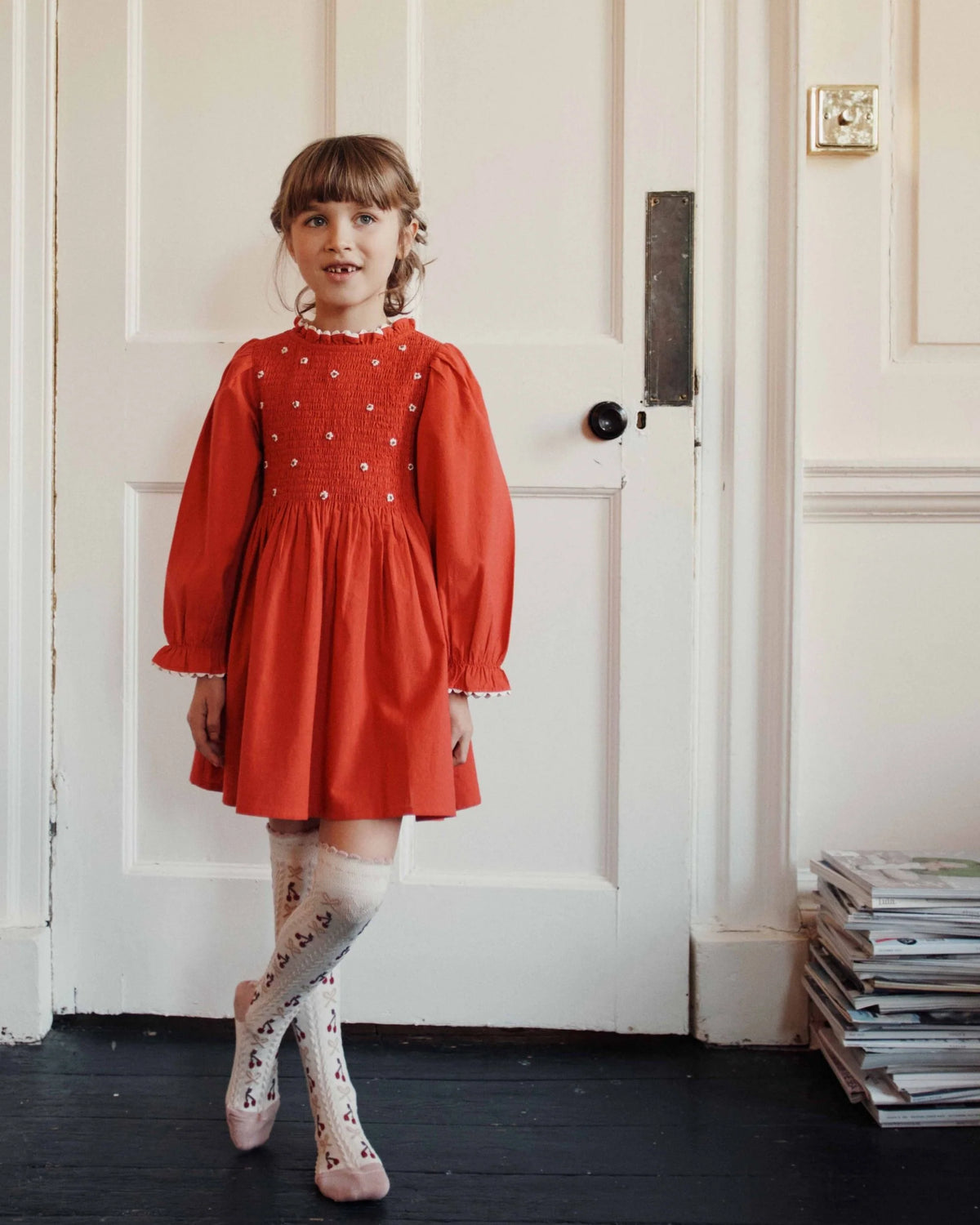Red embroidered smocked