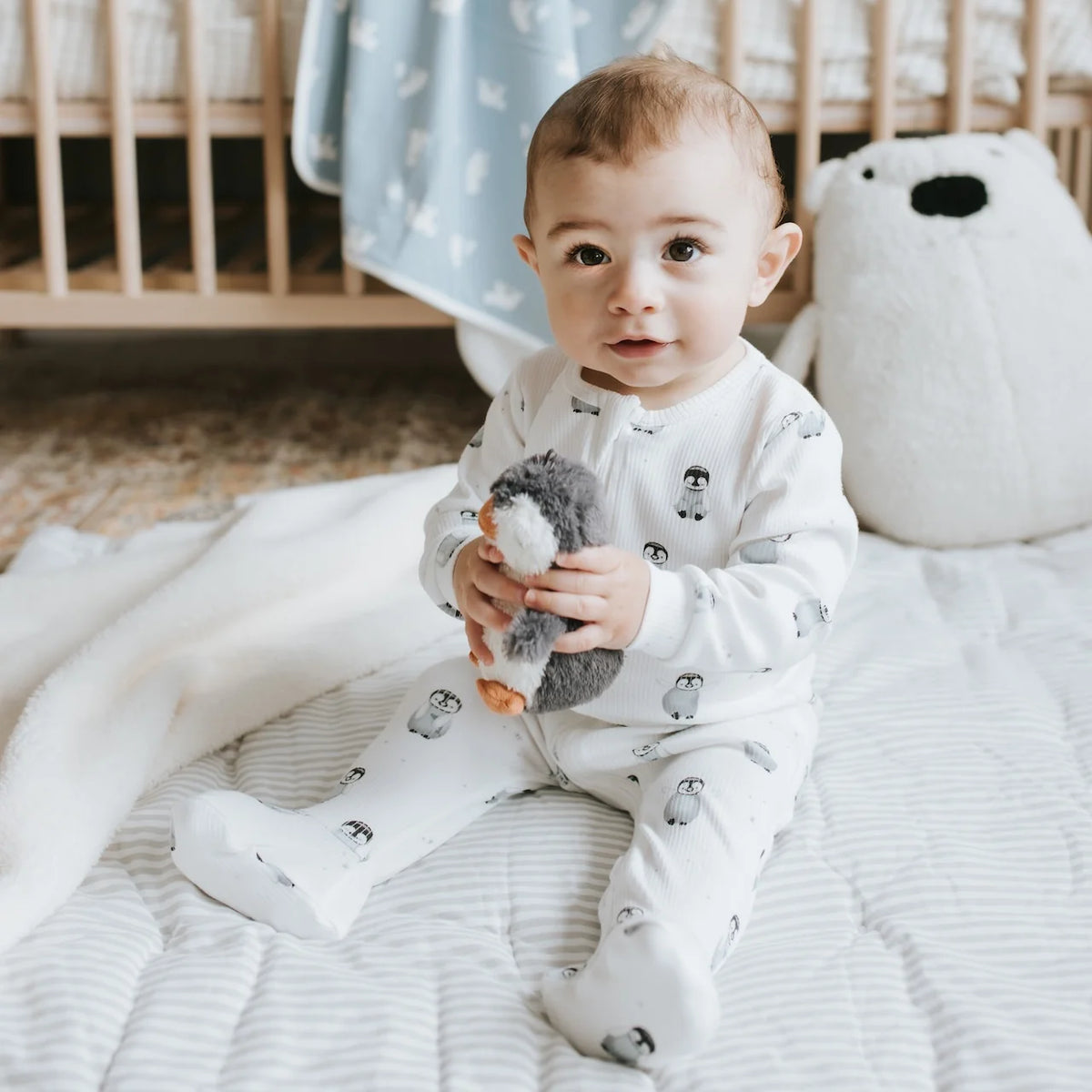 Penguin Print on Off-White Ribbed Sleeper