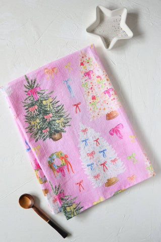 Pink ribbon Christmas cotton tea towel, bow trees