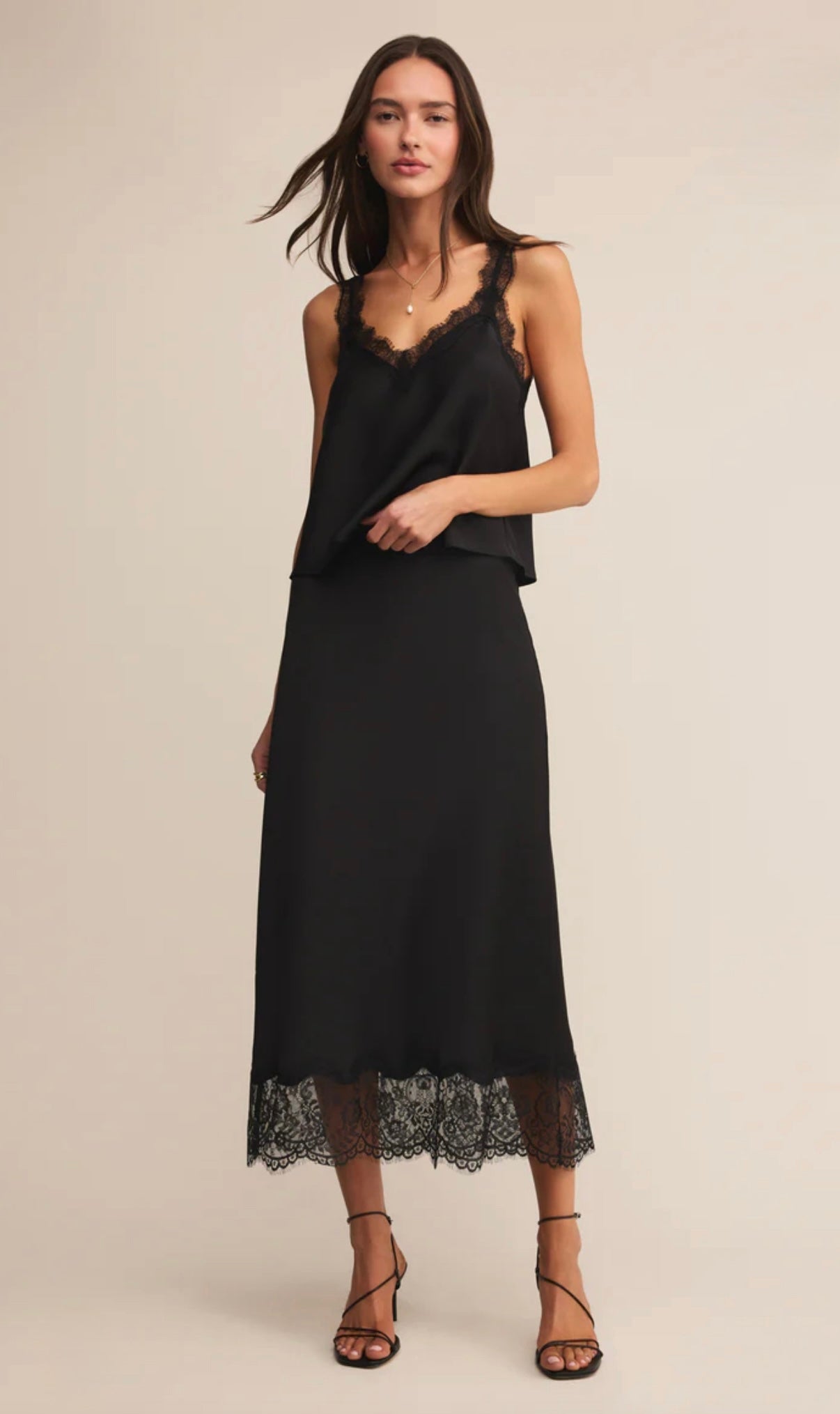 CINDER LACE SATIN MIDI SKIRT