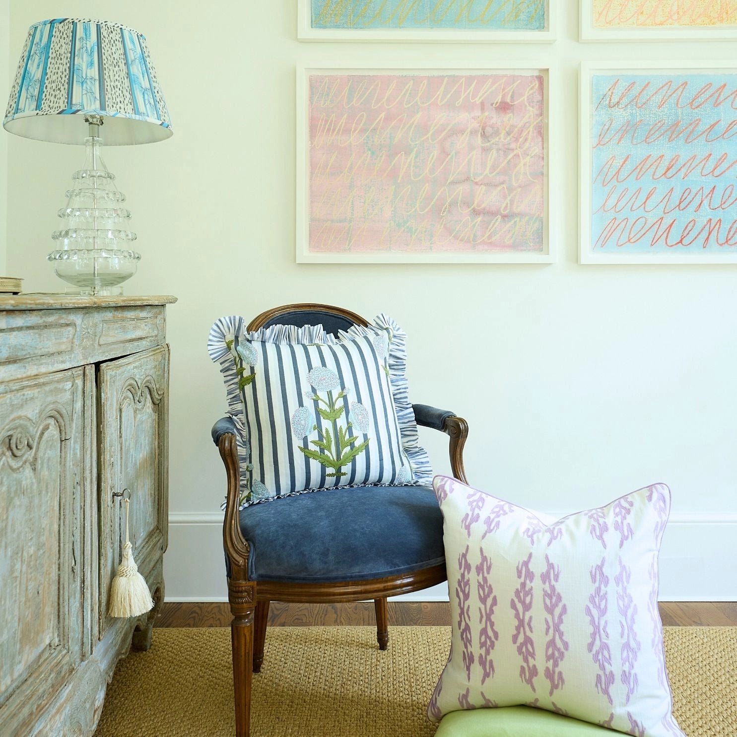 Marigold Stripes Block Print Throw Pillow, Gray