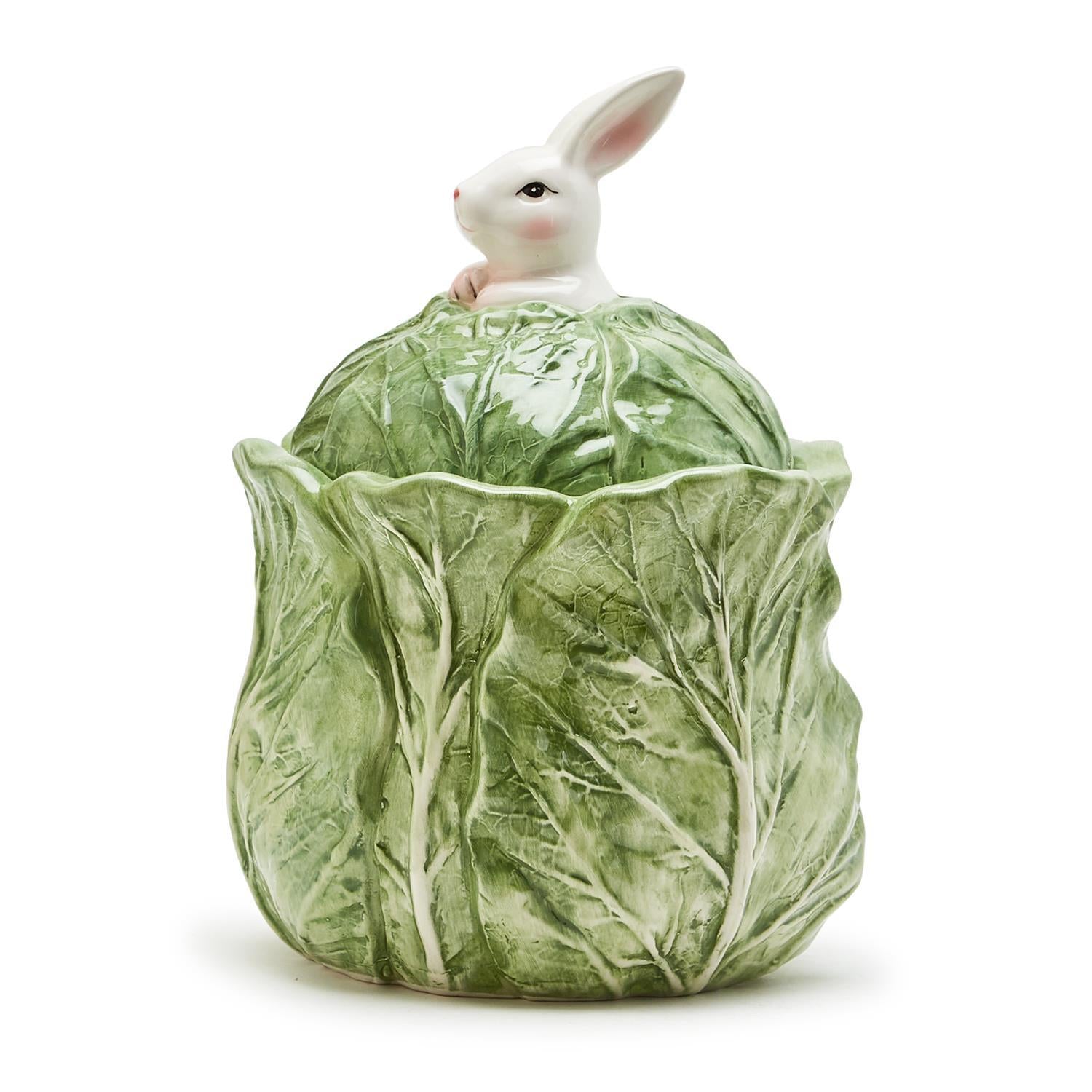 Bunny and Cabbage Leaf Hand-Painted Lidded Jar