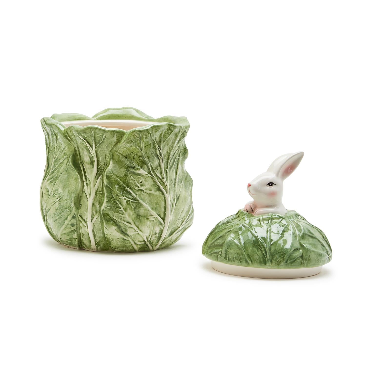 Bunny and Cabbage Leaf Hand-Painted Lidded Jar