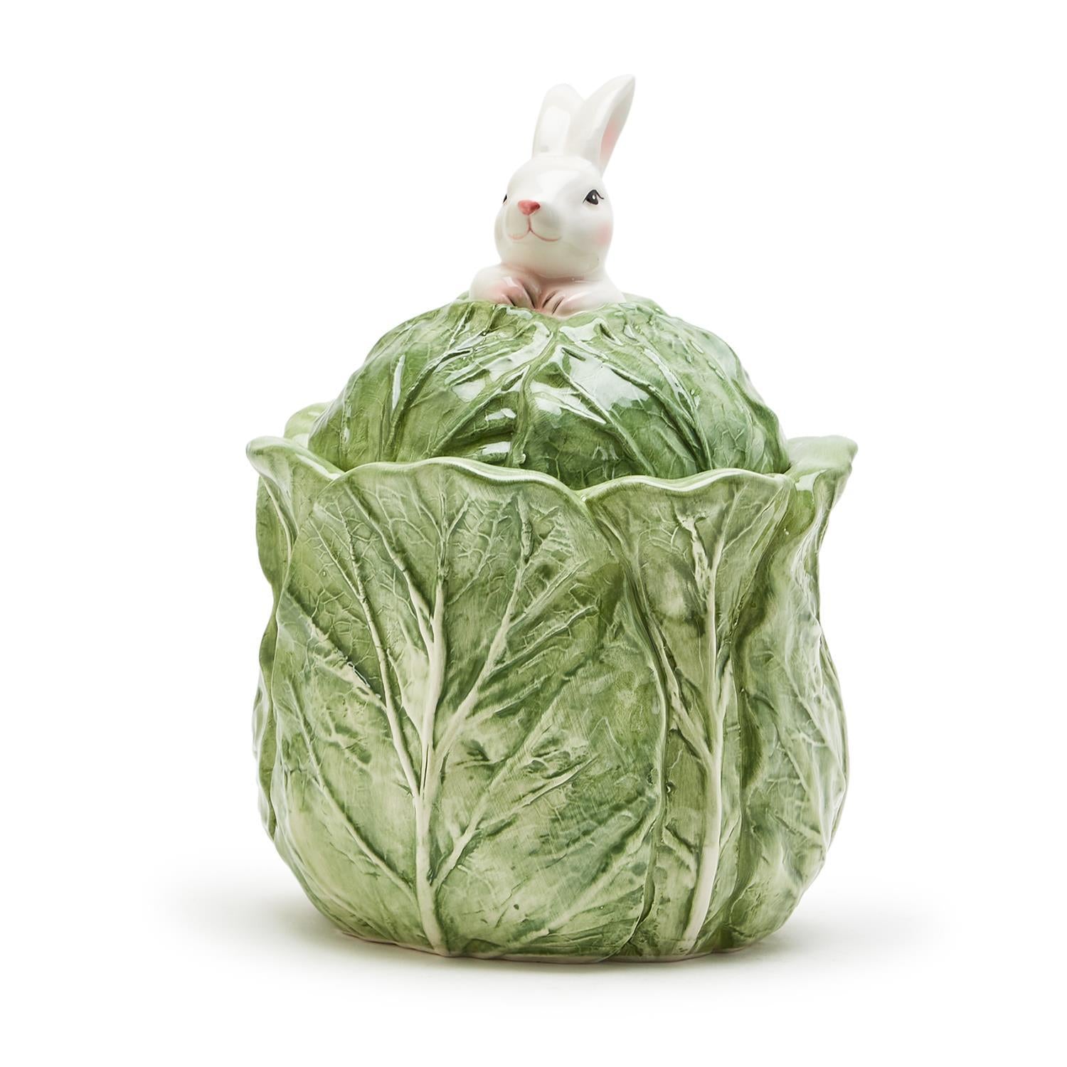 Bunny and Cabbage Leaf Hand-Painted Lidded Jar