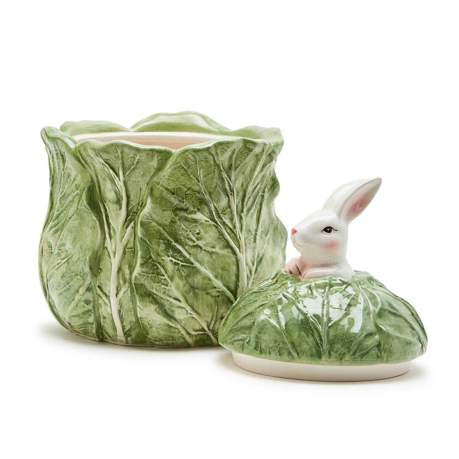 Bunny and Cabbage Leaf Hand-Painted Lidded Jar