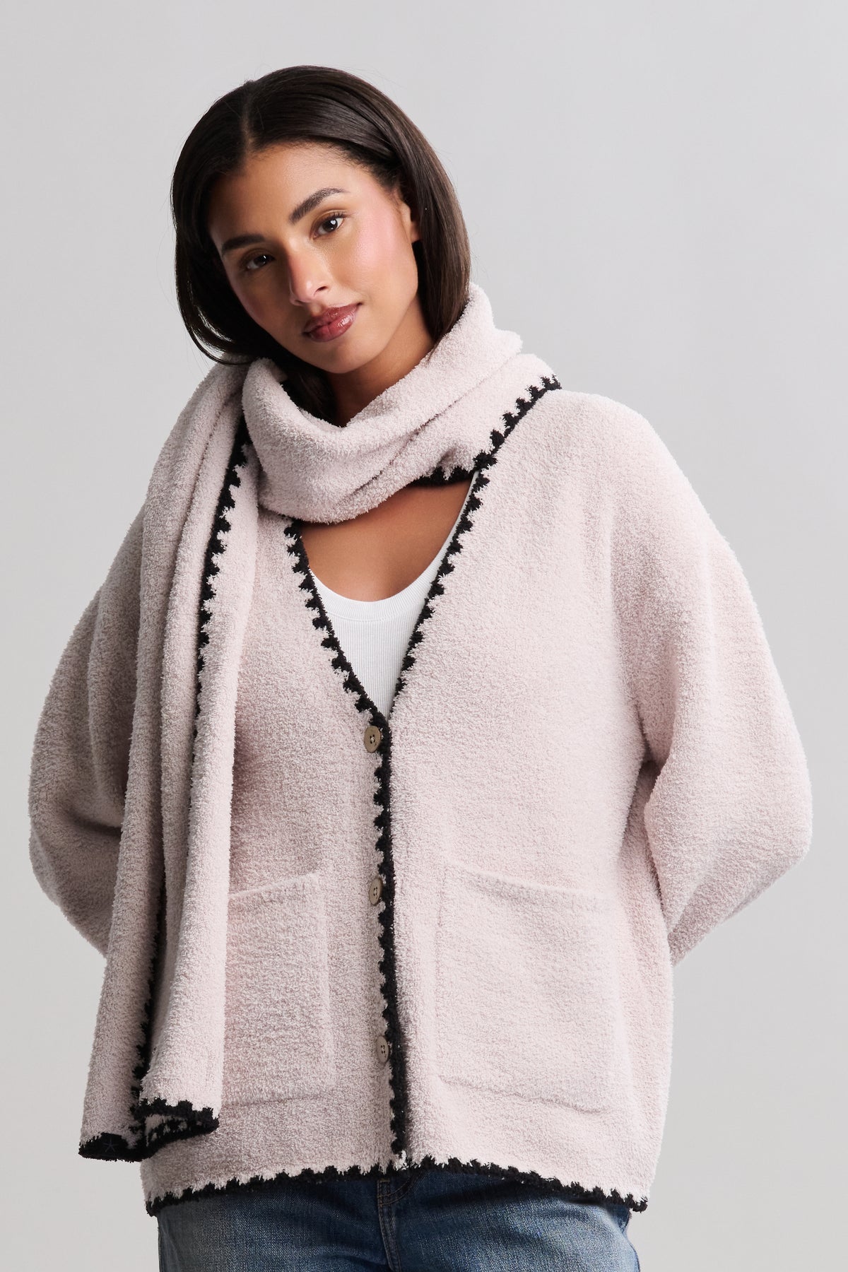 CozyChic® Blanket Stitch Cardigan with Detachable Scarf
