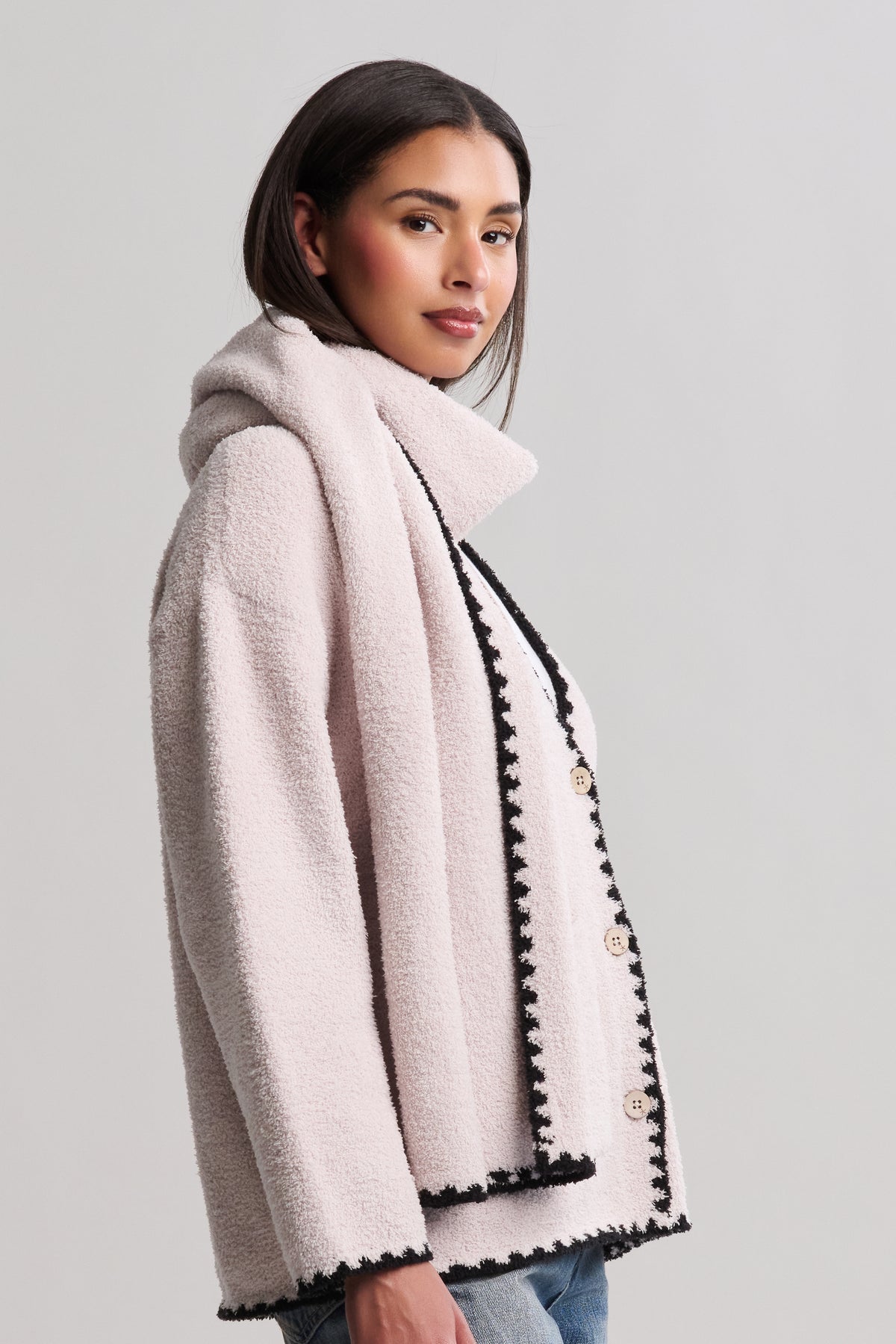 CozyChic® Blanket Stitch Cardigan with Detachable Scarf