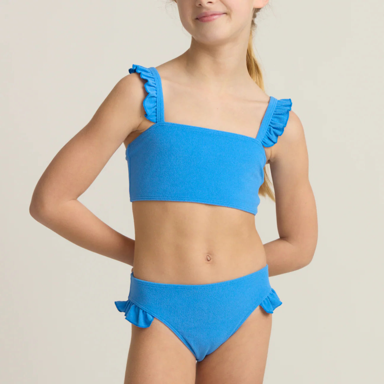 deep sea blue terry ruffle strap bandeau bikini