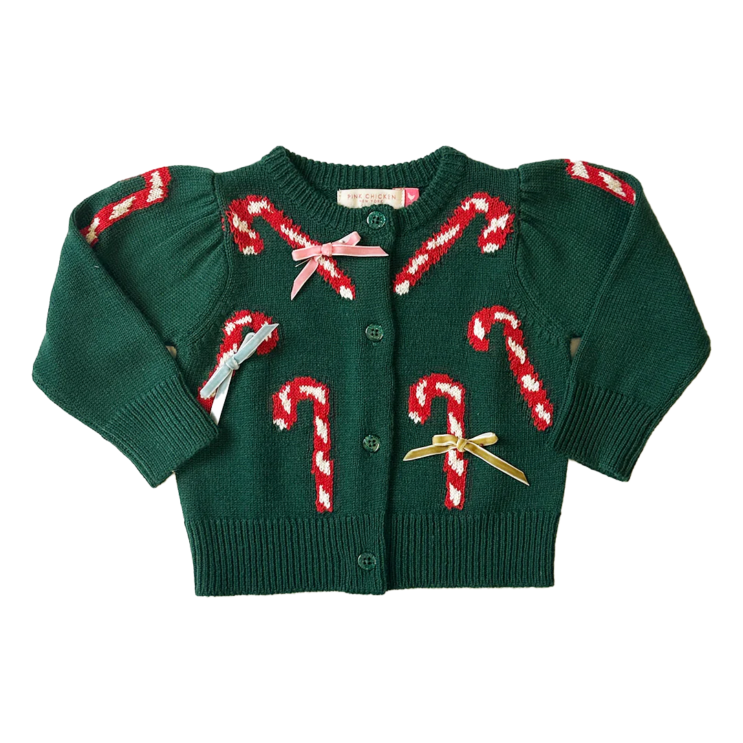 Baby Girls Constance Sweater - Green Candy Cane Bows