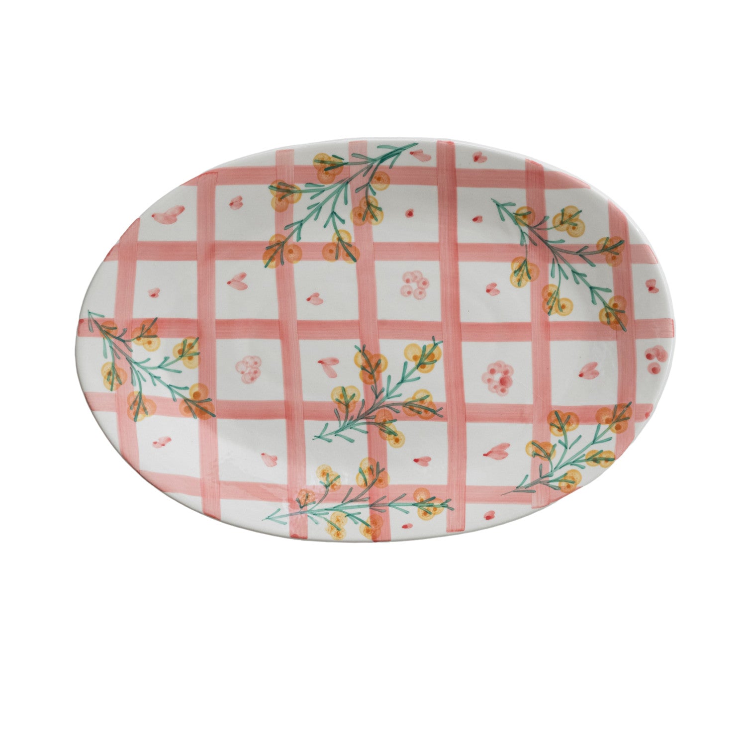 Hand-Painted Stoneware Platter with Grid Pattern & Botanicals