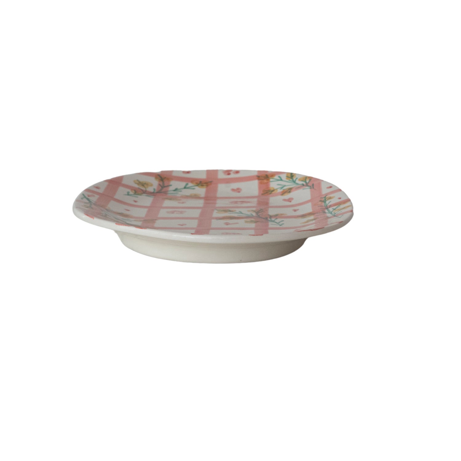 Hand-Painted Stoneware Platter with Grid Pattern & Botanicals