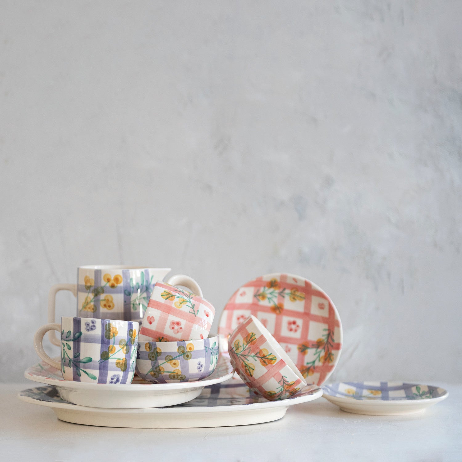 Hand-Painted Stoneware Plate with Grid Pattern & Botanicals