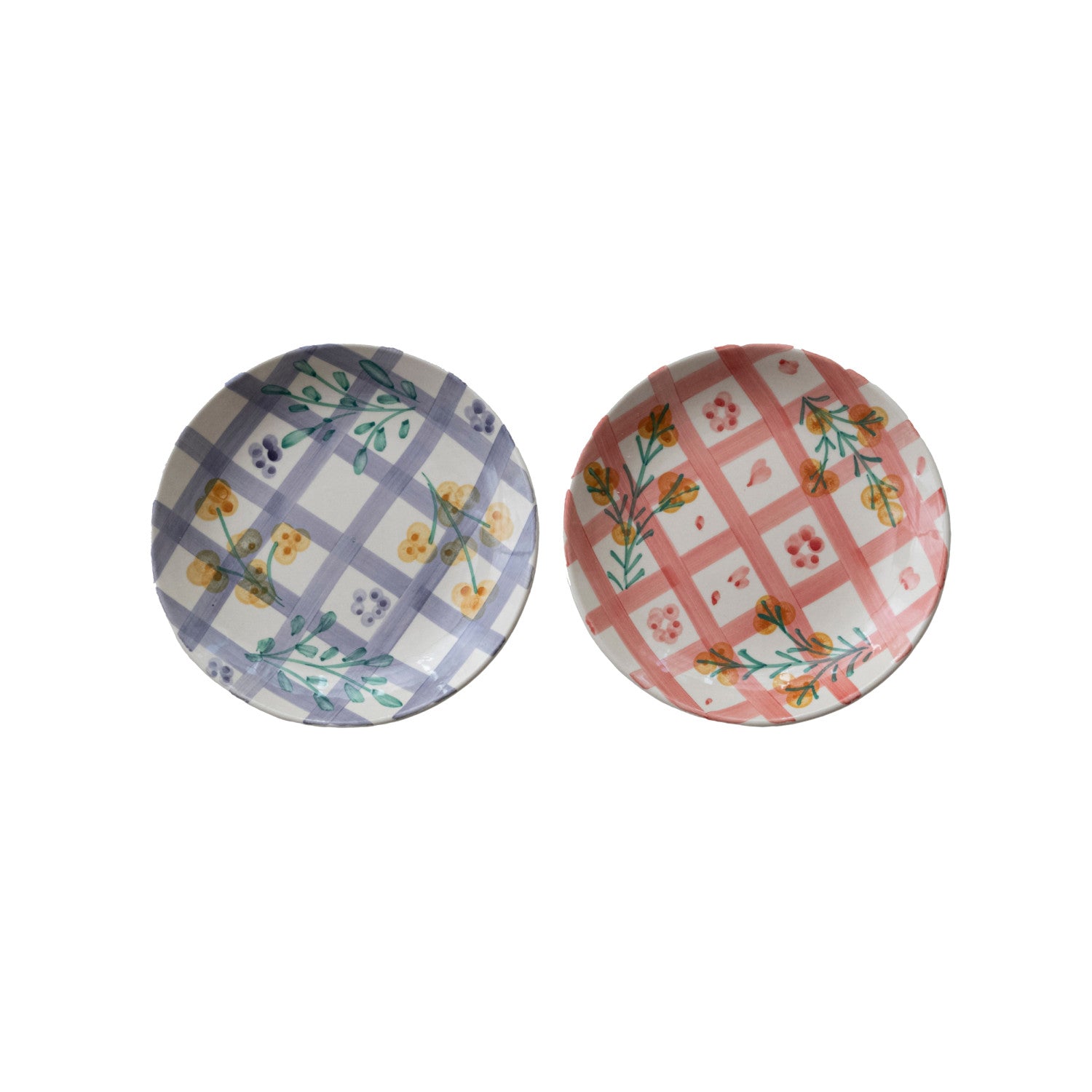 Hand-Painted Stoneware Plate with Grid Pattern & Botanicals