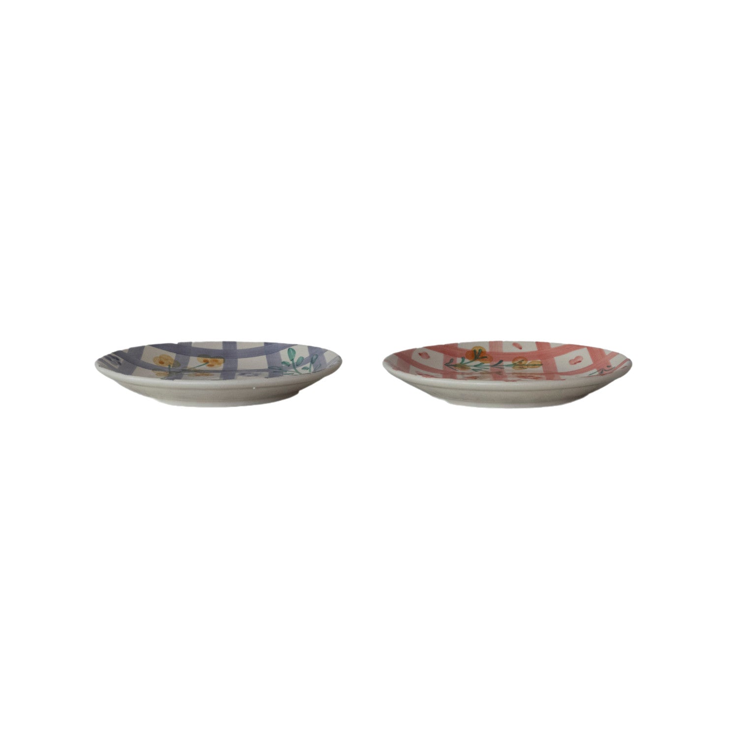 Hand-Painted Stoneware Plate with Grid Pattern & Botanicals