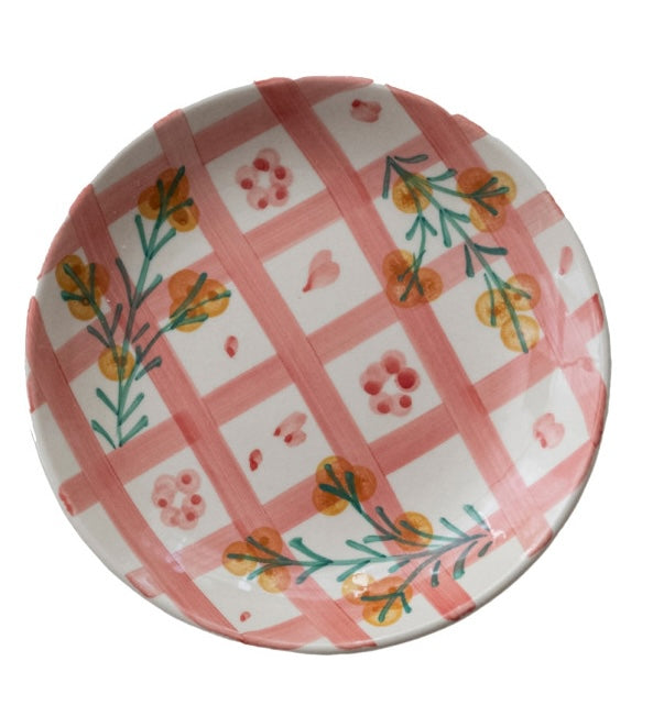 Hand-Painted Stoneware Plate with Grid Pattern & Botanicals