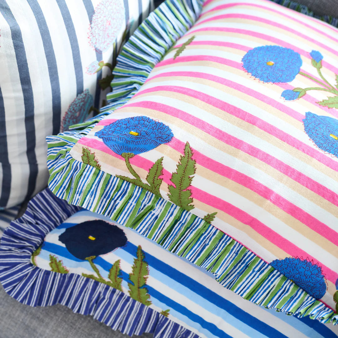 Marigold Stripes Block Print Throw Pillow, Pink