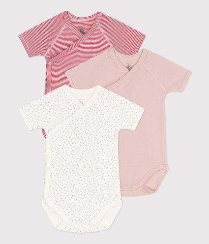 WRAPOVER SHORT-SLEEVED PATTERNED COTTON BODYSUITS - 3-PACK